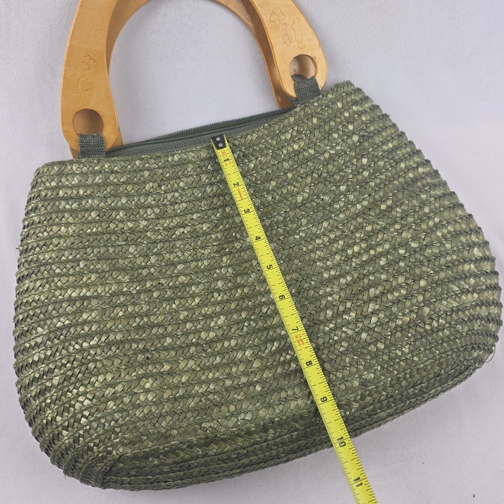 Vintage Green Straw Hanbag With Etched Wooden Handles Grannycore - Picture 7 of 8